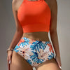 Island Bloom High Waist Bikini Set for Summer – Colorblock Tropical Print Two-Piece Swimsuit with Round Neckline Ultra-Stretch Fit & Applique Detail – Stylish and Comfortable Women’s Swimwear for Pool Beach & Summer Escapes