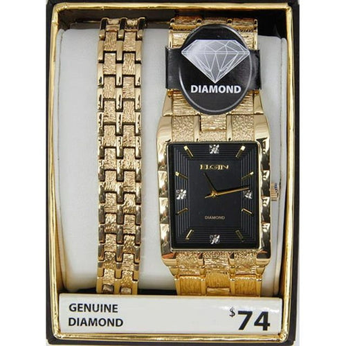 Elgin Adult Male Analog Metal Bracelet Wristwatch Set in Gold with 4 Diamonds (FG9031ST) EasyOptionXY LLC