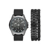 George Men's Watch Set: Gunmetal Case, Black Dial, Textured Vegan Leather Band, Braided PU Band, Stretchy Bead Bracelet (FMDXGE038).