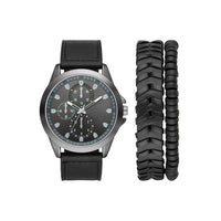 George Men's Watch Set: Gunmetal Case, Black Dial, Textured Vegan Leather Band, Braided PU Band, Stretchy Bead Bracelet (FMDXGE038).
