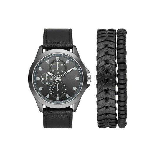 George Men's Watch Set: Gunmetal Case, Black Dial, Textured Vegan Leather Band, Braided PU Band, Stretchy Bead Bracelet (FMDXGE038).