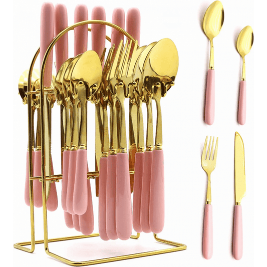 Gold Silverware Set, Caliamary 24 Pieces Flatware Set with Silverware Holder, Stainless Steel Knives and Forks and Spoons Cutlery Set Service for 6, Kitchen Utensil Tableware Set with Pink Handle EasyOptionXY LLC