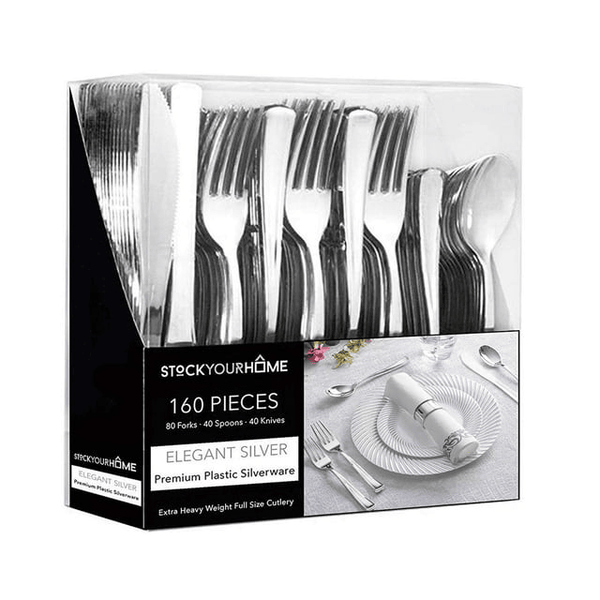 160 Piece Silver Plastic Cutlery Set, Disposable Silverware by Stock Your Home EasyOptionXY LLC