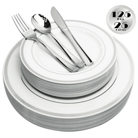 JL Prime 125 Piece Silver Plastic Plates & Cutlery Set, Re-usable Recyclable Plastic Plates with Silver Rim & Silverware, 25 Dinner Plates, 25 Salad Plates, 25 Forks, 25 Knives, 25 Spoons EasyOptionXY LLC