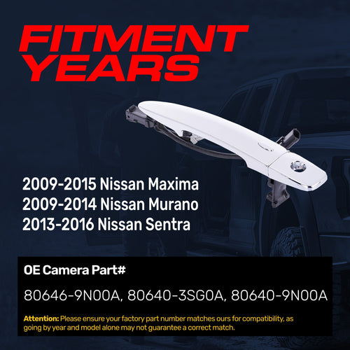 Exterior Door Handle Chrome Replacement for Nissan Maxima (09-15), Murano (09-14), Sentra (13-16) OE Part # 80646-9N00A, 80640-3SG0A, 80640-9N00A | Front Left Driver Side