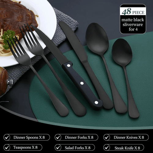 48 Pieces Matte Black Silverware Set with Steak Knives, YFBXG Stainless Steel Flatware Cutlery Set for 4, Hand Wash Recommended (Black1) EasyOptionXY LLC
