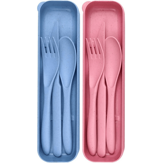 2 Pack Reusable Travel Utensils Set with Case, Wheat Straw Portable Knife Fork Spoons Tableware, Eco-Friendly Cutlery for Kids Adults Travel Picnic Camping Utensils, Blue and Pink EasyOptionXY LLC