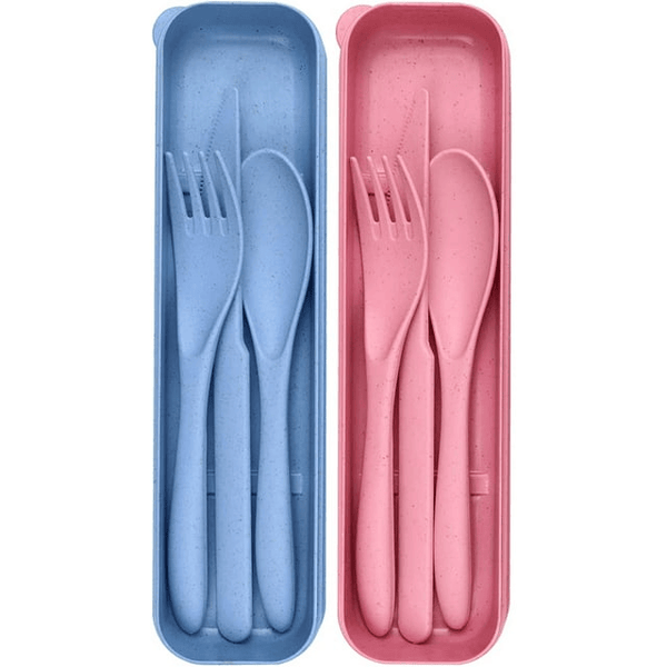 2 Pack Reusable Travel Utensils Set with Case, Wheat Straw Portable Knife Fork Spoons Tableware, Eco-Friendly Cutlery for Kids Adults Travel Picnic Camping Utensils, Blue and Pink EasyOptionXY LLC
