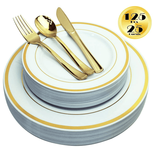 JL Prime 125 Piece Gold Plastic Plates & Cutlery Set, Re-usable Recyclable Plastic Plates with Gold Rim & Silverware, 25 Dinner Plates, 25 Salad Plates, 25 Forks, 25 Knives, 25 Spoons EasyOptionXY LLC