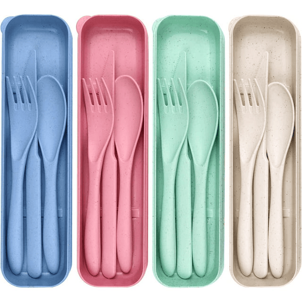 4 Pack Reusable Travel Utensils Set with Case, Wheat Straw Portable Knife Fork Spoons Tableware, Eco-Friendly Cutlery for Kids Adults Travel Picnic Camping Utensils, 4 Colors EasyOptionXY LLC