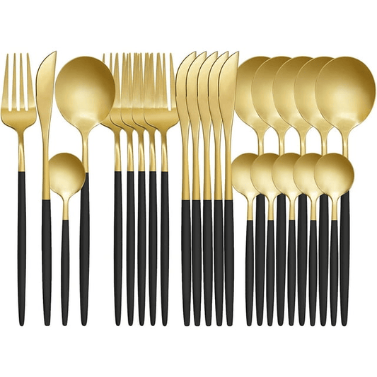 24-Piece Flatware Set, Gold Flatware Set for 6 , Black and Gold Flatware, Stainless Steel Knife Fork Spoon, Home Dinnerware Tableware Set for 6, Cutlery Set, Include Knives/Forks/Spoons Gold/Black EasyOptionXY LLC