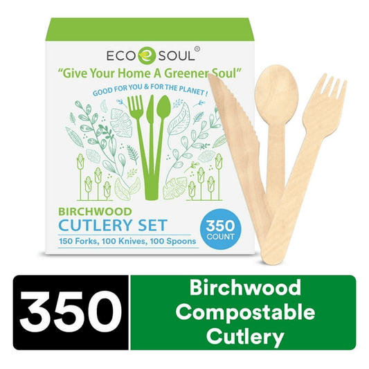 ECO SOUL 100% Compostable Cutlery 350 Count Disposable Wooden Cutlery Set I 100% Natural, Sturdy, Eco-Friendly, Utensils Set I Biodegradable (150 Fork, 100 Spoon, 100 Knife) EasyOptionXY LLC