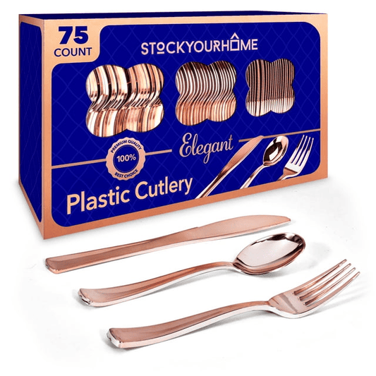 75 Pieces Heavy Duty (Rose Gold) Plastic Silverware Set, Disposable Cutlery Set, Great for Parties, Weddings, and Catering, Flatware Utensils Included: 25 Forks, 25 Spoons, 25 Knives, Stock Your Home EasyOptionXY LLC