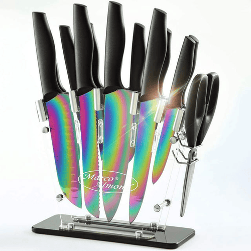 Rainbow Knife Set,Marco Almond KYA35 14 PCS Kitchen Knife Set,Titanium Coating for Anti-rusting, Super Sharp Cutlery Knife Set with Acrylic Stand,Stainless Steel EasyOptionXY LLC