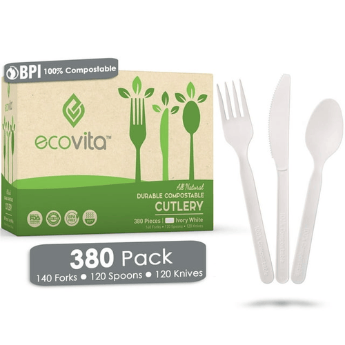 100% Compostable Forks Spoons and Knives - 380 Piece Eco Cutlery Combo Set - Eco Friendly Alternative to Plastic Silverware | Ecovita | White EasyOptionXY LLC