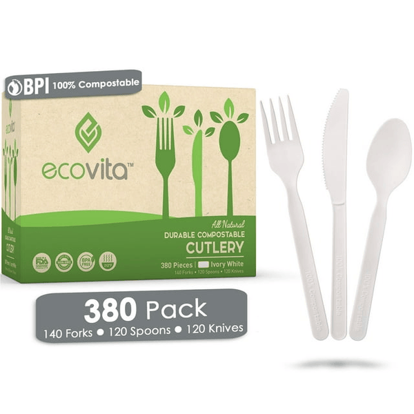 100% Compostable Forks Spoons and Knives - 380 Piece Eco Cutlery Combo Set - Eco Friendly Alternative to Plastic Silverware | Ecovita | White EasyOptionXY LLC