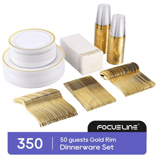 FOCUSLINE 350 Piece Gold Rim Dinnerware Set, Disposable Plastic Plates for Party or Wedding-100 Plastic Plates-50 Plastic Silverware-50 Plastic Cups-50 Linen Feel Napkins(50 Guest) EasyOptionXY LLC