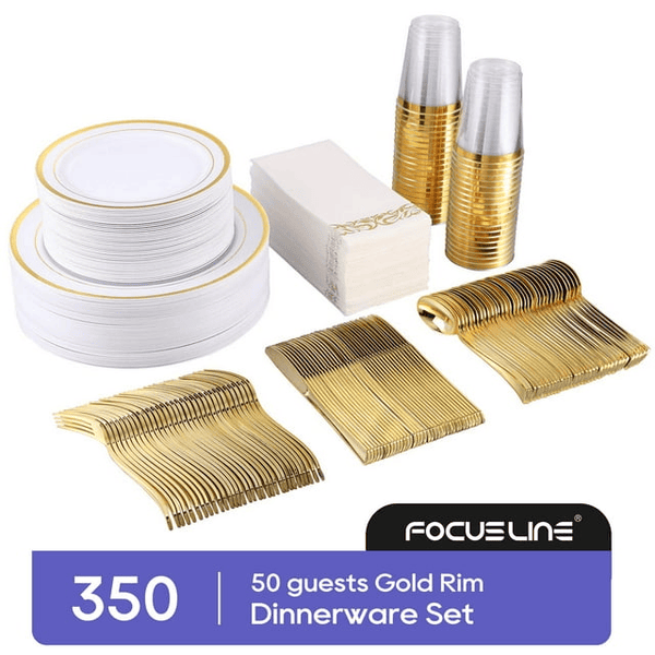 FOCUSLINE 350 Piece Gold Rim Dinnerware Set, Disposable Plastic Plates for Party or Wedding-100 Plastic Plates-50 Plastic Silverware-50 Plastic Cups-50 Linen Feel Napkins(50 Guest) EasyOptionXY LLC