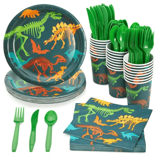 144-Piece Dinosaur Birthday Party Supplies with Paper Plates, Napkins, Cups and Cutlery for Dino Party Decorations (Serves 24) EasyOptionXY LLC