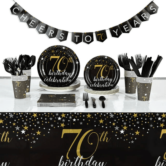 170-Piece 70th Birthday Party Supplies, Serves 24 Black and Gold Plates, Napkins, Cups, Cutlery, Tablecloth and Banner EasyOptionXY LLC