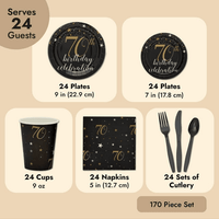 170-Piece 70th Birthday Party Supplies, Serves 24 Black and Gold Plates, Napkins, Cups, Cutlery, Tablecloth and Banner EasyOptionXY LLC