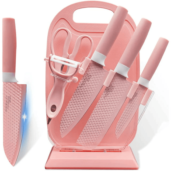 Kitchen Knife Set, Caliamary Fish Scales Non-stick Chef Knife Set with Cutting Board and Acrylic Stand, Stainless Steel Sharp Cooking Knives with Gift Box (Pink) EasyOptionXY LLC
