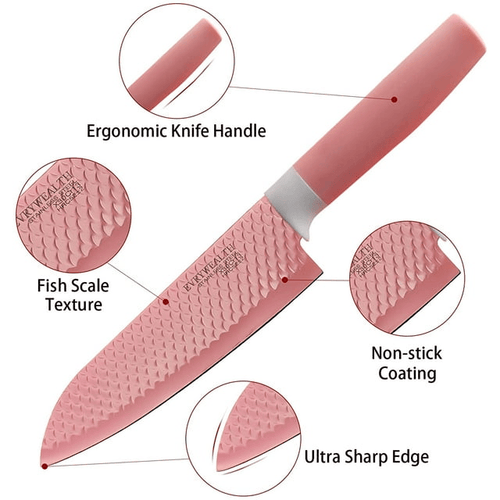 Kitchen Knife Set, Caliamary Fish Scales Non-stick Chef Knife Set with Cutting Board and Acrylic Stand, Stainless Steel Sharp Cooking Knives with Gift Box (Pink) EasyOptionXY LLC