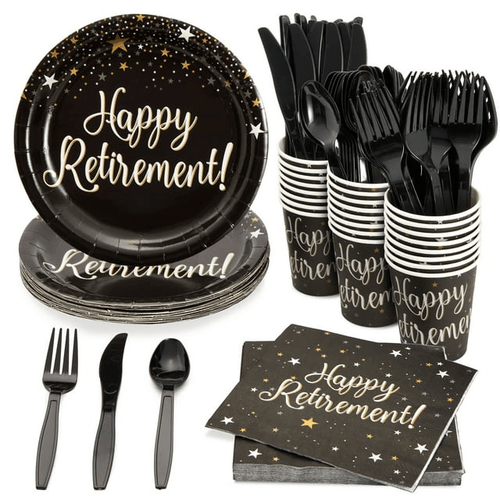 144-Piece Happy Retirement Decorations and Party Supplies with Paper Plates, Napkins, Cups, and Cutlery, Disposable Dinnerware Set for Farewell Celebration, for Men and Women (Serves 24 Guests) EasyOptionXY LLC