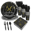 144 Pieces 50th Birthday Party Supplies with Paper Plates, Napkins, Cups, Cutlery (Black, Gold, Serves 24) EasyOptionXY LLC