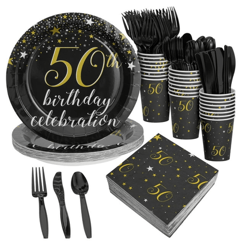 144 Pieces 50th Birthday Party Supplies with Paper Plates, Napkins, Cups, Cutlery (Black, Gold, Serves 24) EasyOptionXY LLC
