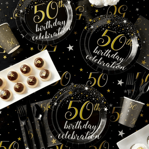 144 Pieces 50th Birthday Party Supplies with Paper Plates, Napkins, Cups, Cutlery (Black, Gold, Serves 24) EasyOptionXY LLC