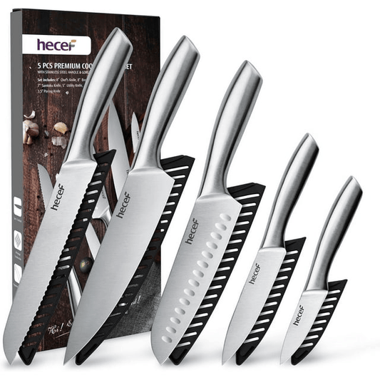 Hecef 5 PCS High Carbon Stainless Steel Kitchen Knife Set with Ergonomic Handle and Blade Covers EasyOptionXY LLC