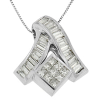 14K White Gold 1 7/8 cttw Princess and Baguette Cut Mixed Geometry Diamond Pendant Necklace (G-H, SI1-SI2)