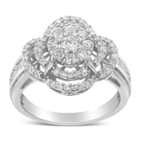 14K White Gold 1.0 Cttw Round & Baguette Cut Diamond Floral Cluster Quatrefoil Channel Set Band Cocktail Statement Ring (H-I Color, SI2-I1 Clarity) - Size 6-3/4