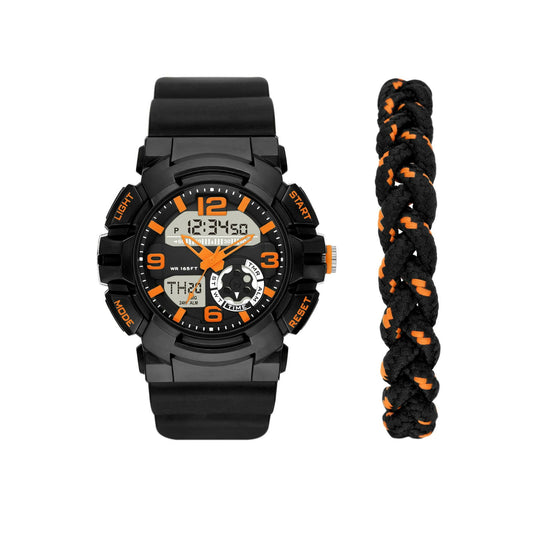 George Men's Analog-Digital Watch Set: Black Round Case, Positive Display, Plastic Band, Black/Orange Double Woven Bracelet (FMDXGE037) EasyOptionXY LLC