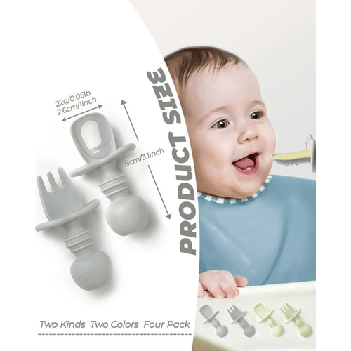 4 Pcs Baby Spoons Self Feeding 6 Months, Silicone Baby Spoons First Stage and Baby Fork, Toddler Utensils for Baby Led Weaning with 2 Cases (Green, Grey) EasyOptionXY LLC