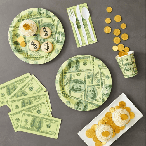 144 Piece Money Birthday Party Decorations for Party Supplies, Paper Plates, Napkins, Cups, & Cutlery Tableware Set, Hundred Dollar Bill Novelty (24 Guests) EasyOptionXY LLC