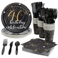 144 Piece 40th Birthday Party Supplies Set for Men, Women, Serves 24 Paper Plates and Napkins, Cups, Cutlery, Black and Gold Disposable Set for 40 Birthday Decorations EasyOptionXY LLC
