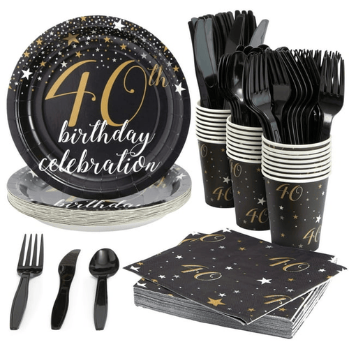 144 Piece 40th Birthday Party Supplies Set for Men, Women, Serves 24 Paper Plates and Napkins, Cups, Cutlery, Black and Gold Disposable Set for 40 Birthday Decorations EasyOptionXY LLC
