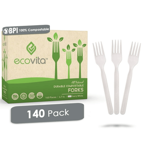 100% Compostable Forks - Disposable Eco Fork Utensil Sets 140 PCS - Eco Friendly Alternative to Plastic Forks | Ecovita EasyOptionXY LLC