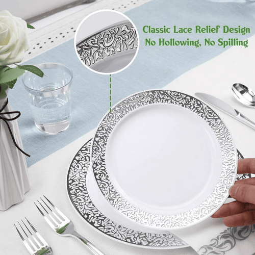 350 Piece Silver Dinnerware Set 50 Guest-100 Silver Lace Plastic Plates-50 Silver Plastic Silverware-50 Silver Plastic Cups-50 Linen Feel Silver Paper Napkins,FOCUSLINE Disposable Dinnerware Set EasyOptionXY LLC