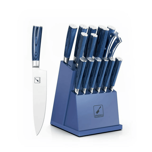 imarku | Knife Set 16-Piece Kitchen Knife Set with Block German Stainless Steel Knife Sets for Kitchen with Sharpener & 6 Steak Knife Set - Blue EasyOptionXY LLC