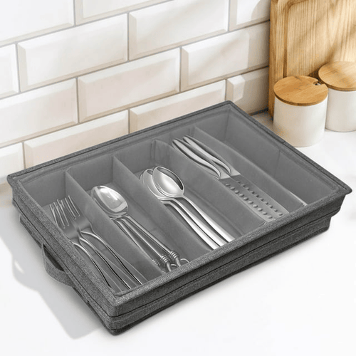 Flatware Storage Case with PVC Lid 5 Compartment Foldable Utensil Storage Box Silverware Storage Box Chest Cutlery Storage Holder with Handle for Home Kitchen Utensils EasyOptionXY LLC