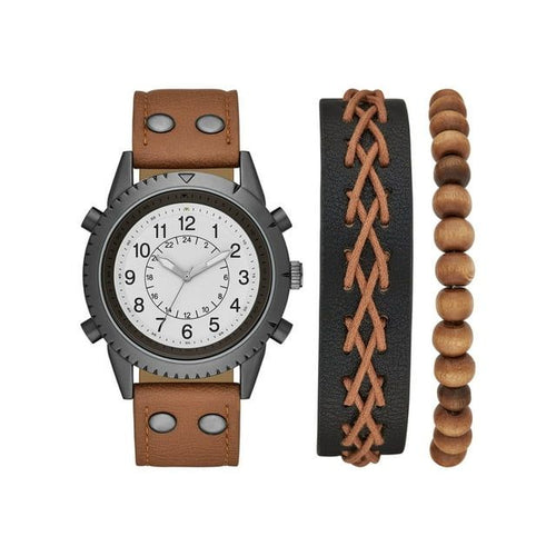 GEORGE Men's Gunmetal Analog Watch Set: White Dial, Brown Vegan Leather, Bonus Bracelets (FMDXGE012). EasyOptionXY LLC