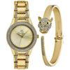 Jessica Simpson Ladies 34mm Gold Tone Crystal Accent Mother Of Pearl Dial Bracelet Watch & Crystal Encrusted Panther Bangle EasyOptionXY LLC