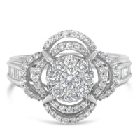 14K White Gold 1.0 Cttw Round & Baguette Cut Diamond Floral Cluster Quatrefoil Channel Set Band Cocktail Statement Ring (H-I Color, SI2-I1 Clarity) - Size 6-3/4