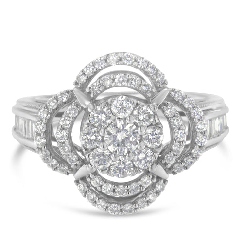 14K White Gold 1.0 Cttw Round & Baguette Cut Diamond Floral Cluster Quatrefoil Channel Set Band Cocktail Statement Ring (H-I Color, SI2-I1 Clarity) - Size 6-3/4