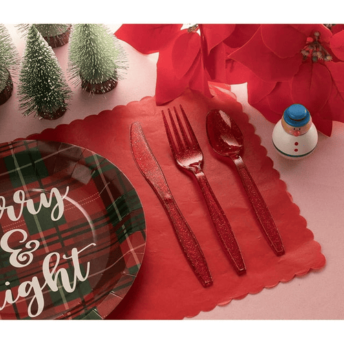 96 Pieces Red Plastic Silverware Set with Spoons, Forks, and Knives for Parties, Birthday, Dinnerware Supplies (Serves 32) EasyOptionXY LLC