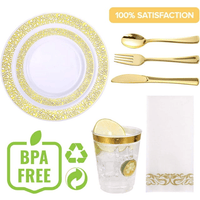 175 Piece Gold Dinnerware Set 25 Guest-50 Gold Lace Plastic Plates-25 Gold Plastic Silverware-25 Gold Plastic Cups-25 Linen Feel Gold Paper Napkins, FOCUSLINE Disposable Dinnerware Set EasyOptionXY LLC