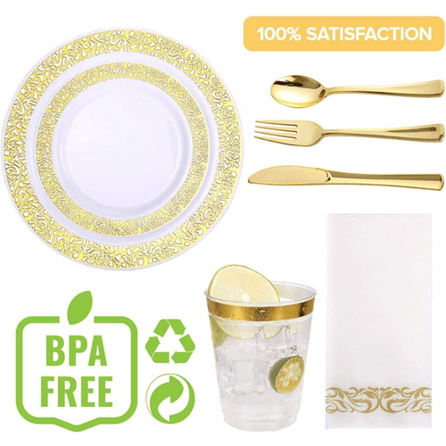 175 Piece Gold Dinnerware Set 25 Guest-50 Gold Lace Plastic Plates-25 Gold Plastic Silverware-25 Gold Plastic Cups-25 Linen Feel Gold Paper Napkins, FOCUSLINE Disposable Dinnerware Set EasyOptionXY LLC